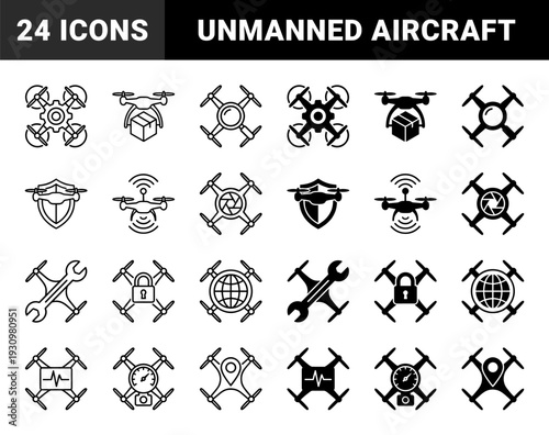 Collection of drone hybrid symbols merging quadcopter frames with logistics delivery boxes security shields mechanical gears and global networking signals