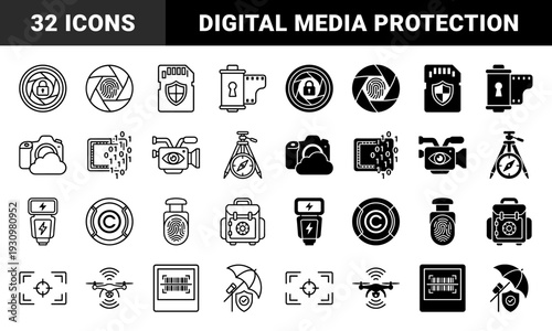 Hybrid photography and data security symbols featuring camera lenses with locks fingerprints and shields integrated into film canisters memory cards and drones