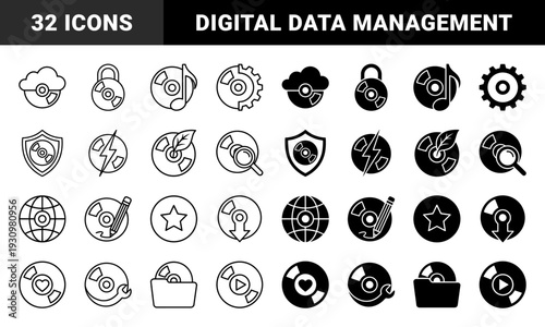 Hybrid optical disc symbols merging media storage with diverse conceptual metaphors including security cloud music and repair in outline and solid styles