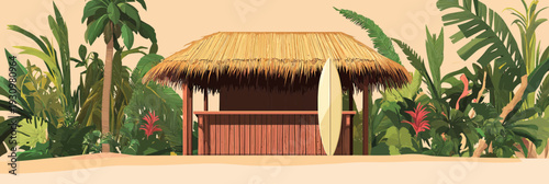 Tiki bar beach hut with straw roof and surfboard surrounded by tropical plants and palm trees minimalist summer vacation bungalow vector