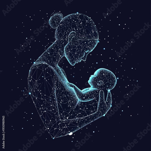 Digital wireframe illustration of mother holding baby in cosmic starry space with low poly polygonal lines and glowing dots in blue tones for family love concept
