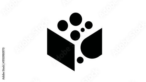 A geometric abstract with a cube-like shape and spherical elements of varying sizes