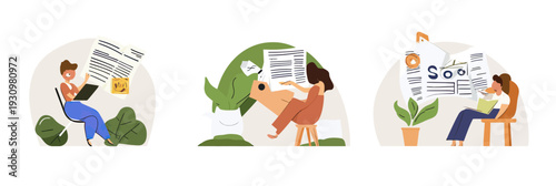 Diverse people reading newspapers and digital devices analyzing news and social media information in minimalist flat vector style