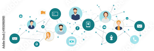 Flat minimalist vector illustration of online social network communication with connected user icons and digital device symbols for business interaction and networking concepts
