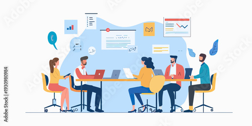 Business meeting team working together brainstorming project planning strategy digital devices charts communication collaboration office concept flat vector illustration