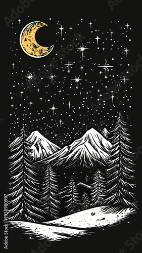 Night sky with crescent moon shining over snow covered mountains and tall pine trees in minimalist hand drawn vector style for t-shirt design