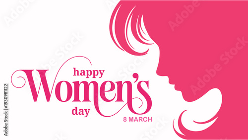 Happy Women's Day 8 March Greeting with Pink Woman's Silhouette Vector