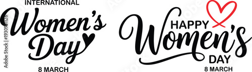 International Women's Day '8 March' and 'Happy Women's Day' Vector Typography Set with Hearts