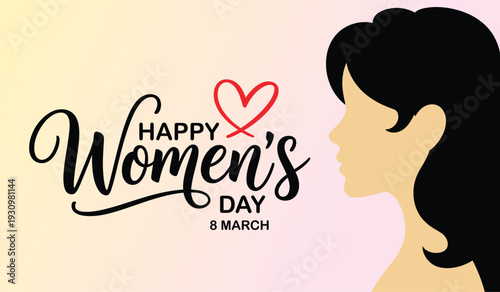 "Happy Women's Day 8 March" Greeting with Woman Silhouette and Red Heart on Gradient Background