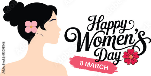 Happy Women's Day 8 March Vector Illustration with Minimalist Woman Profile and Pink Flowers