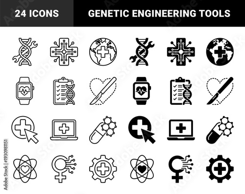 Hybrid medical and technology symbols featuring DNA strands with wrenches genetic engineering heart rate monitor smartwatches and circuit board medical crosses