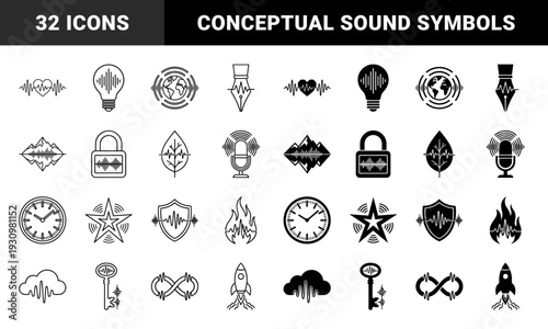 Hybrid conceptual symbols merging universal metaphors with digital sound waves and frequency signals in linear and solid silhouette styles
