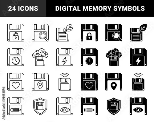 Collection of diskette storage symbols merged with functional metaphors including cloud network security locks and organic leaf elements in outline and solid styles