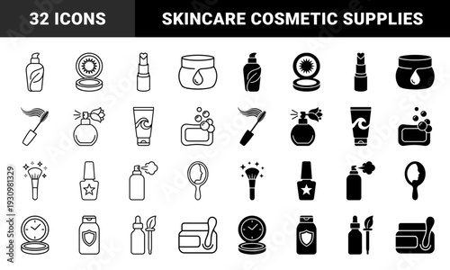 Skincare and cosmetic beauty products featuring a unique hybrid design with dual outline and solid styles including sun protection lotion and makeup tools