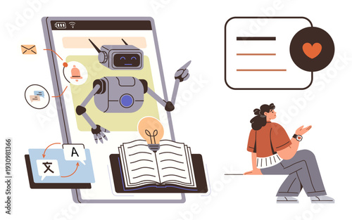 Artificial intelligence, translation tools, online learning, education apps, virtual communication, technology interaction. A robot assisting with tasks on a tablet and human interaction. AI
