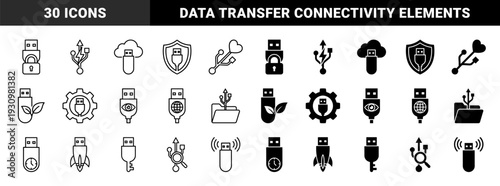 Collection of hybrid USB flash drive symbols merging digital storage with security locks cloud computing organic leaves gear and connectivity metaphors