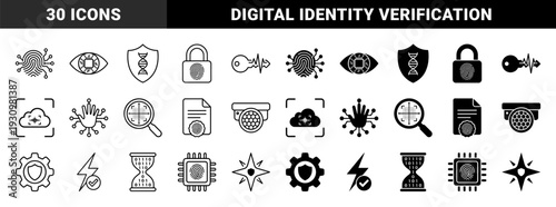 Biometric security and digital identity authentication symbols featuring fingerprint data integration electronic iris scanning and genetic encryption for advanced cyber protection