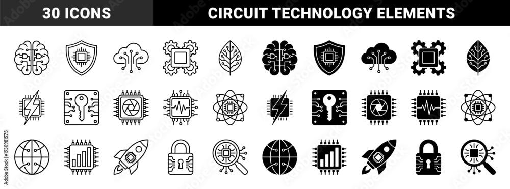 Naklejka premium Linear and solid hybrid technology symbols merging digital hardware with abstract concepts featuring circuit brain leaf globe and data security elements