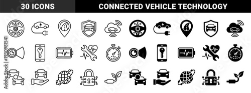 Smart vehicle technology and automotive connectivity symbols featuring electric car charging steering wheel circuitry and biometric engine diagnostics