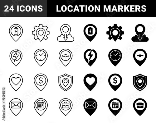 Map pointer hybrid symbols with integrated business and logistics metaphors including battery power gear settings cloud data secure shield and financial dollar sign