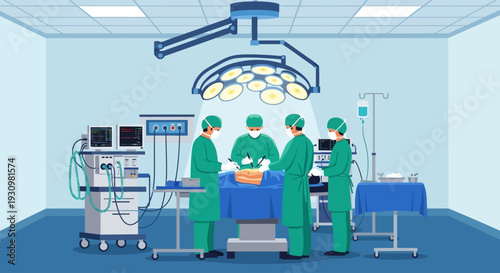 A surgical team performs a complex operation under bright operating room lights, with advanced medical equipment nearby.