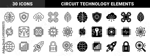Linear and solid hybrid technology symbols merging digital hardware with abstract concepts featuring circuit brain leaf globe and data security elements