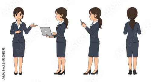 Collection of business people illustrations with various gestures and presentation graphics like charts and pie charts.