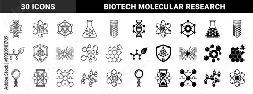 Scientific hybrid symbols featuring dna strands with circuit lines and molecular structures merged with gear and padlock elements for laboratory data security