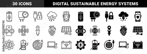 Hybrid energy and technology linear and solid symbols featuring battery leaf integration power solar panel laptop connectivity and smart heart monitoring