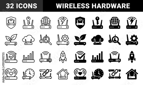 Wireless internet router hybrid symbol set featuring dual outline and solid styles merged with security shields world globes rocket ships and organic leaf motifs
