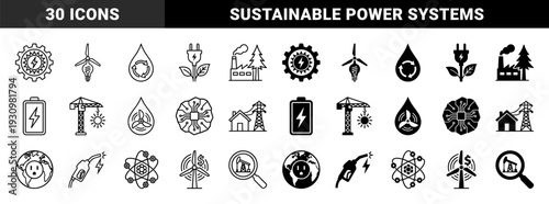 Hybrid energy and industrial sustainability symbols merging renewable resources with traditional power infrastructure and global electrical utility concepts in linear and solid styles
