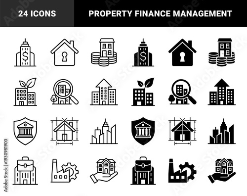 Real estate finance and property management conceptual symbols featuring architectural hybrid metaphors with financial and industrial elements in outline and glyph styles
