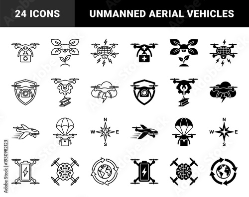 Collection of hybrid drone icons merging unmanned aerial vehicles with medical delivery agriculture construction energy and artificial intelligence symbols