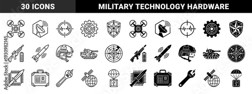 Black and white military technology icons featuring hybrid weapon designs with integrated circuit patterns and advanced tactical combat equipment symbols