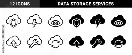 Cloud computing data management symbols featuring security shield lightning bolt eye vision wrench tool upload arrow sync cycle and dollar sign