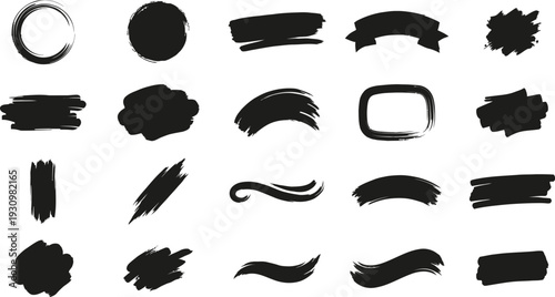 Collection of various black grunge brush strokes, ink splatters, and artistic design elements.