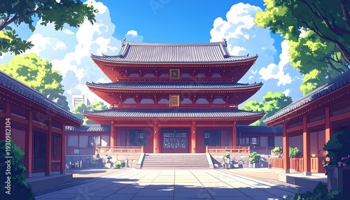 Anime-style temple with traditional Japanese architecture and serene atmosphere.