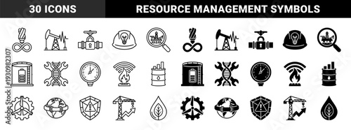 Industrial energy and global resource management icons featuring hybrid designs merging oil rigs with magnifying glasses and gears with wind turbines