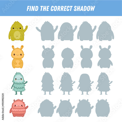 Find correct shadow of cute monsters. Educational logical game for kids. Halloween game. Cartoon monsters. Vector