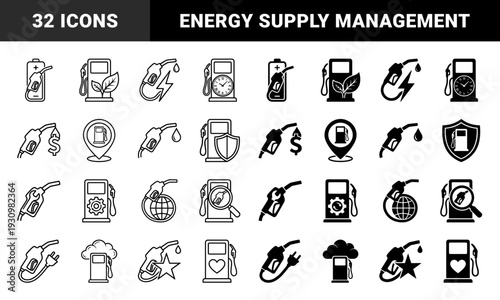 Fuel Pump and Gas Station Hybrid Icons Merged with Energy Battery Clock Dollar Sign Shield Globe Magnifying Glass and Star Symbols for Industry