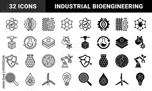 Hybrid industrial technology and sustainable energy icons featuring integrated biological dna structures with mechanical gears and green manufacturing symbols