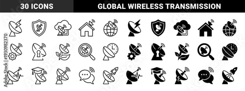 Satellite dish communication symbols merging signal technology with diverse industry concepts like finance education security and nature in linear and solid styles