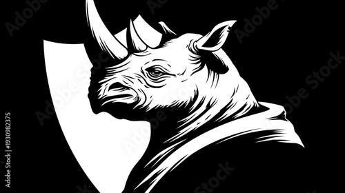 A striking black and white image of a rhino head in profile against a black background