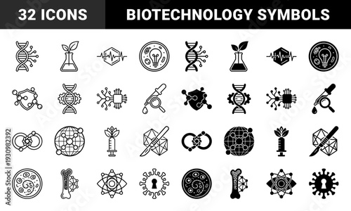 Biotechnology and genetic engineering symbols merging DNA strands with digital circuits and laboratory equipment in linear and solid styles