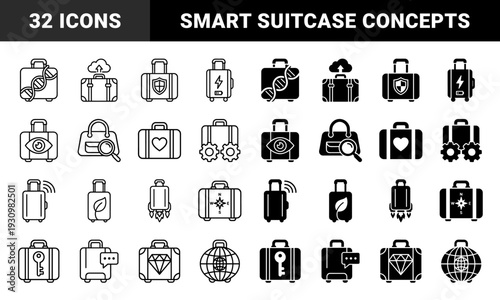 Hybrid luggage and suitcase symbols featuring conceptual metaphors for travel security technology sustainability and smart transportation in line and solid styles