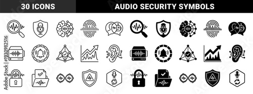 Biometric Voice Recognition and Audio Security Symbols Featuring Hybrid Waves Merged with Fingerprints Microphones Magnifying Glasses and Brain Neural Networks