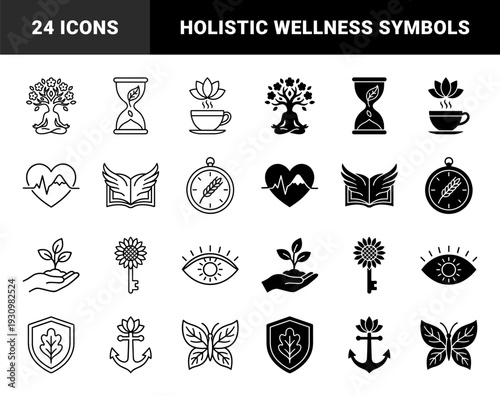 Collection of hybrid wellness symbols merging nature and mindfulness elements including tree meditating figure hourglass leaf heart mountain and sunflower key