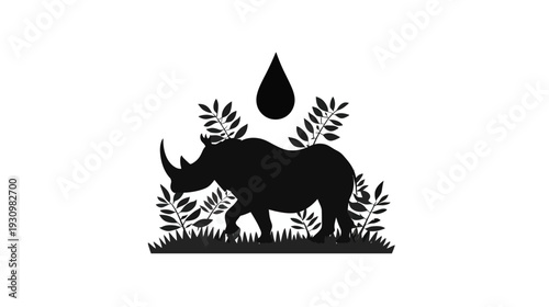 A silhouette of a rhinoceros, plant life, and a drop shape against a white background