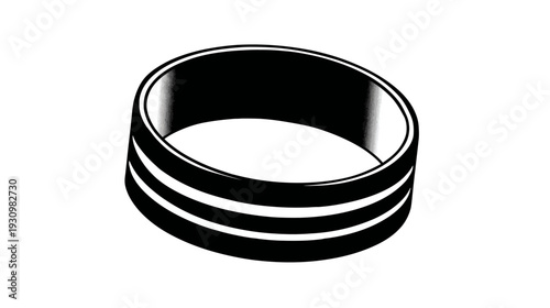 A black and white, stylized illustration of a cylindrical object with a layered, banded design