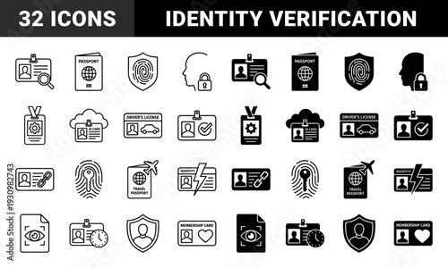 Biometric Identity Verification and Security Document Icons Featuring Hybrid Symbols for Personal Identification Passport Control and Digital Access Authentication